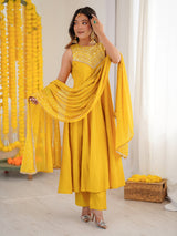 Women Yellow Chanderi Silk Embellished Anarkali Kurta Set With Dupatta