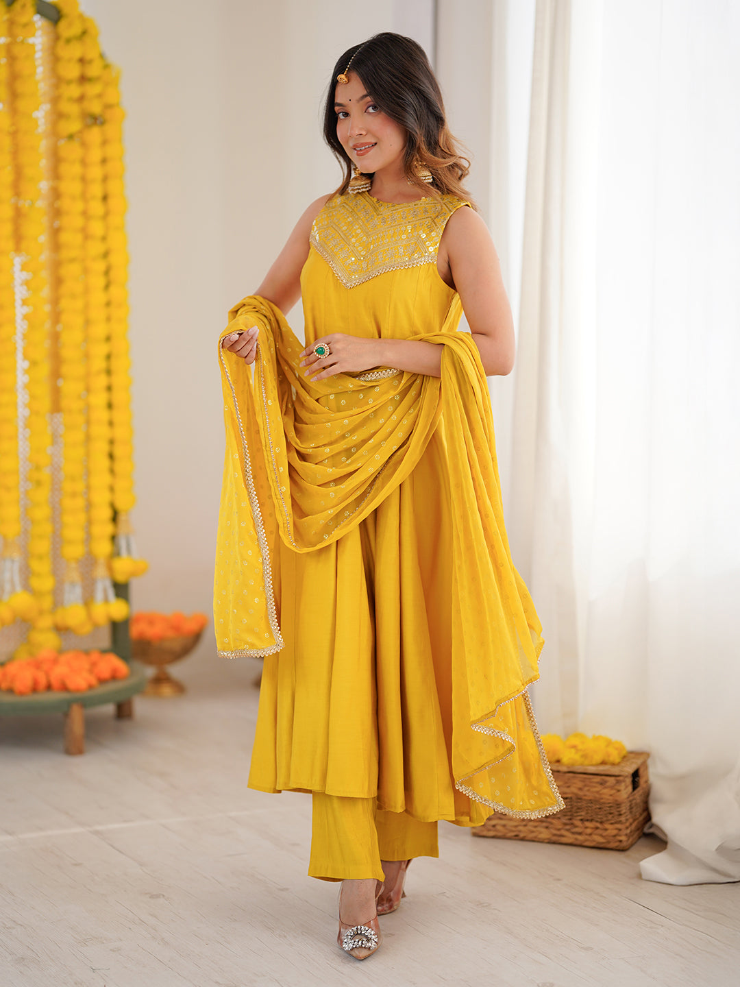 Women Yellow Chanderi Silk Embellished Anarkali Kurta Set With Dupatta