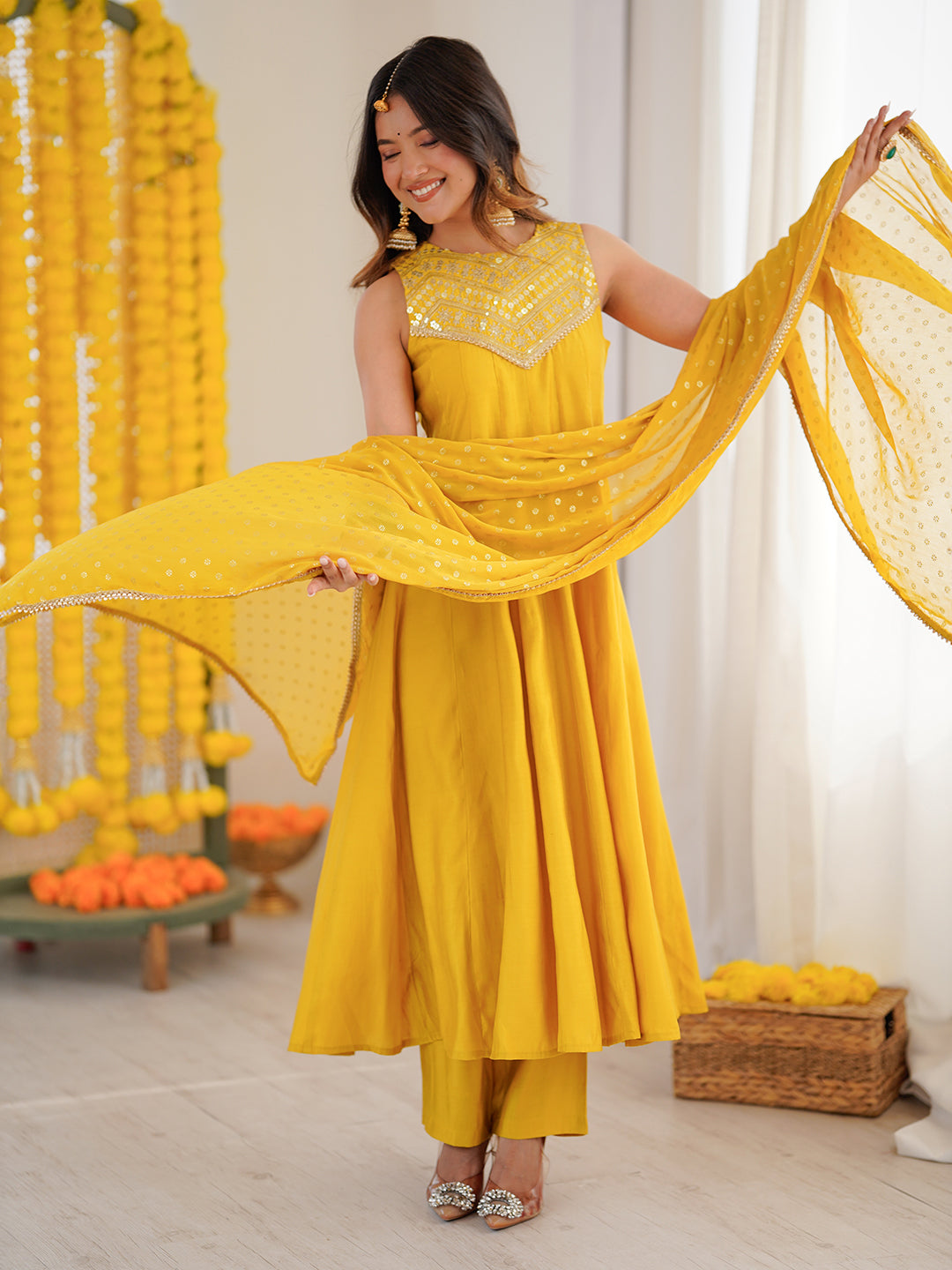 Women Yellow Chanderi Silk Embellished Anarkali Kurta Set With Dupatta