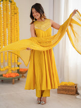 Women Yellow Chanderi Silk Embellished Anarkali Kurta Set With Dupatta