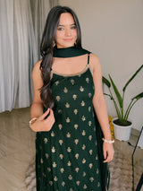 Women's Dark Green Rayon Embellished Foil Printed Straight Kurta Set