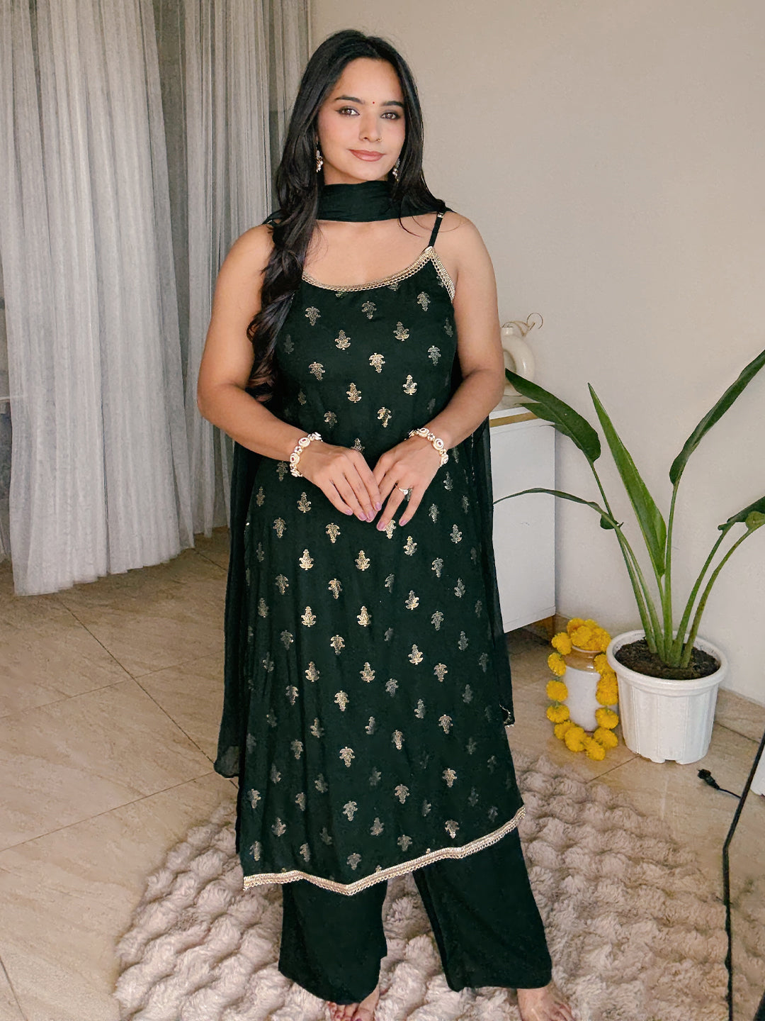 Women's Dark Green Rayon Embellished Foil Printed Straight Kurta Set