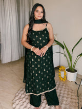 Women's Dark Green Rayon Embellished Foil Printed Straight Kurta Set