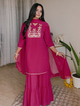 Women's Pink Georgette Embroidered Straight Kurta With Sharara & Dupatta Set