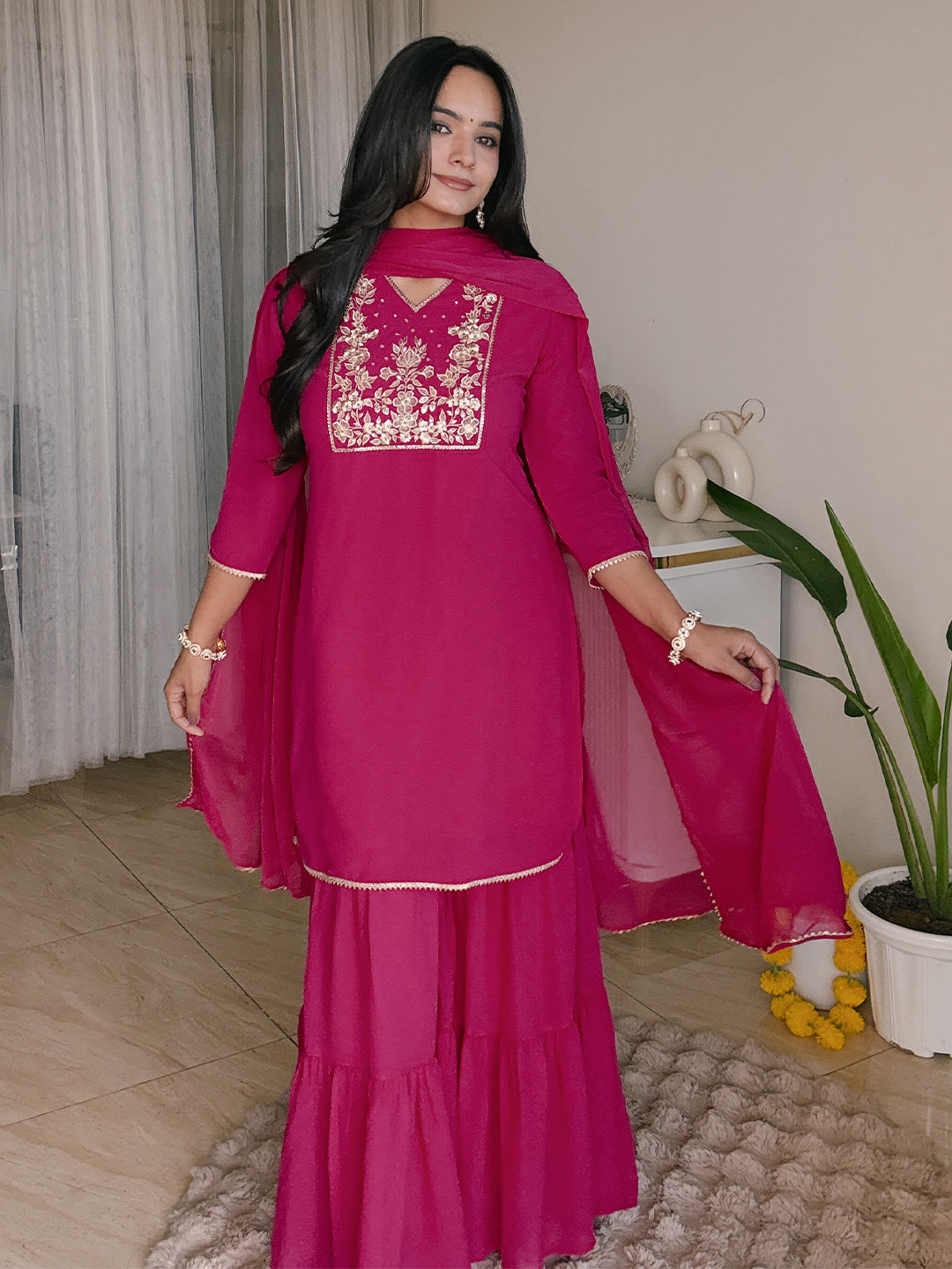 Women's Pink Georgette Embroidered Straight Kurta With Sharara & Dupatta Set