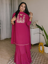 Women's Pink Georgette Embroidered Straight Kurta With Sharara & Dupatta Set