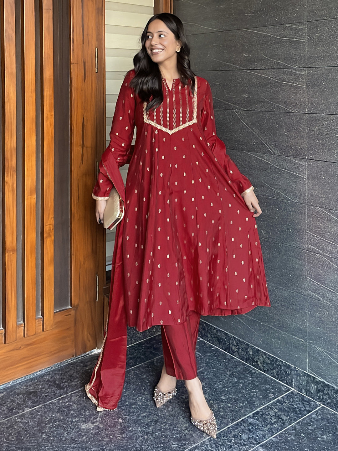 Women's Maroon Chanderi Silk Embellished Gold Printed Anarkali Kurta Set