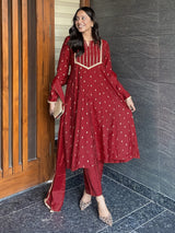 Women's Maroon Chanderi Silk Embellished Gold Printed Anarkali Kurta Set