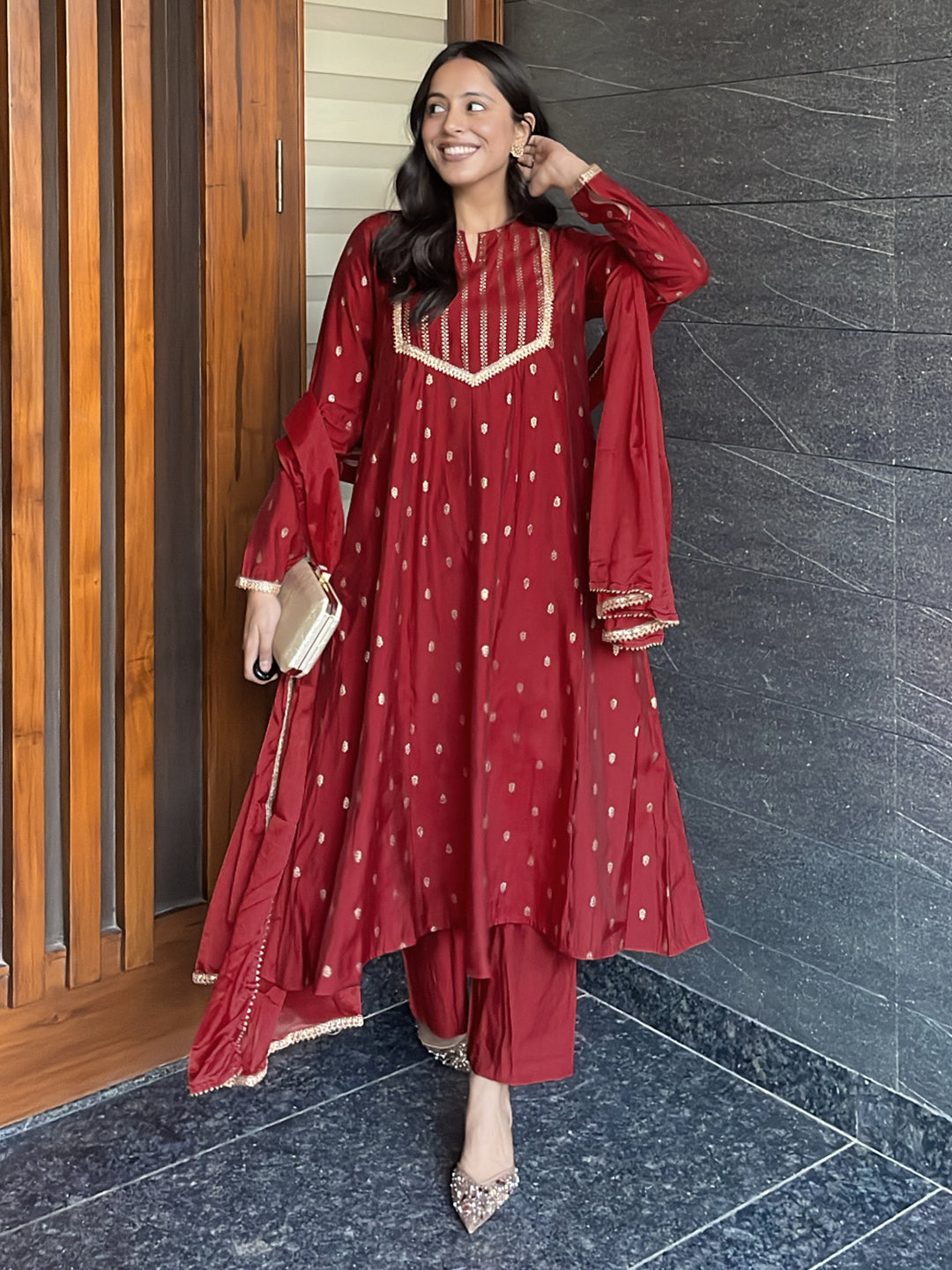 Women's Maroon Chanderi Silk Embellished Gold Printed Anarkali Kurta Set
