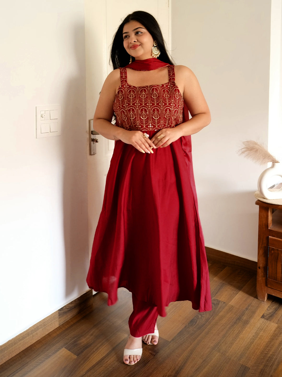 Women's Maroon Chanderi Silk Zari Embroiderd A-line Kurta Set