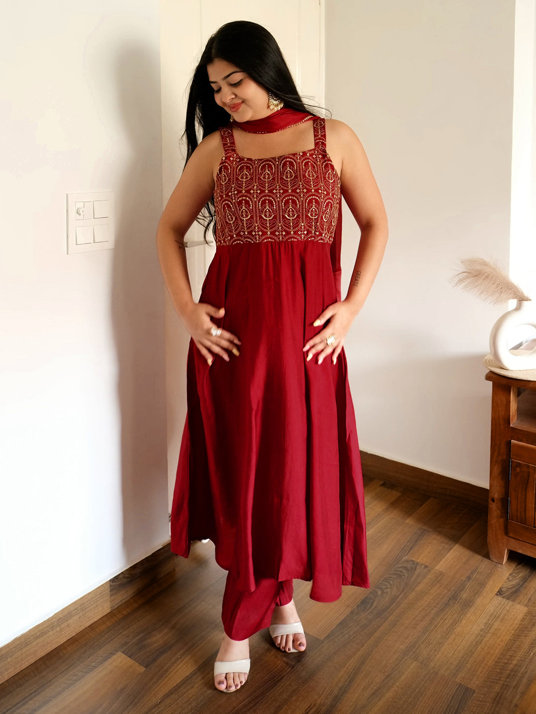 Women's Maroon Chanderi Silk Zari Embroiderd A-line Kurta Set