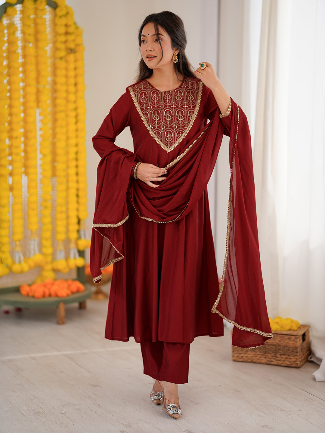 Women's Maroon Chanderi Silk Embroidered Anarkali Kurta Set