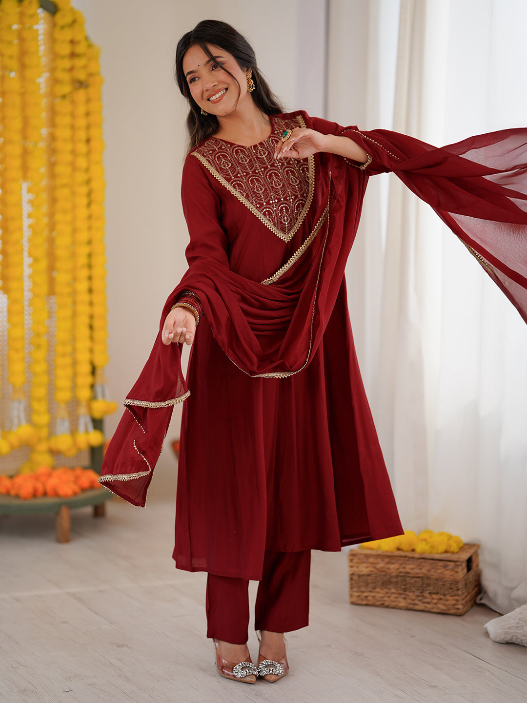 Women's Maroon Chanderi Silk Embroidered Anarkali Kurta Set