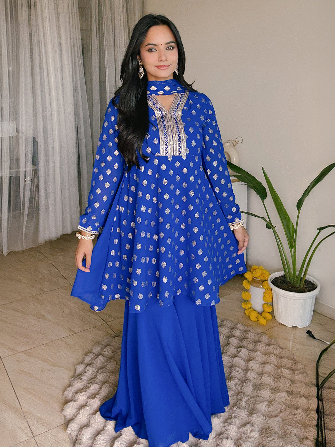 Women's Royal Blue Georgette Embellished Gold Printed A-line Kurta With Sharara & Dupatta Set