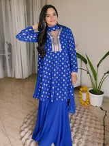 Women's Royal Blue Georgette Embellished Gold Printed A-line Kurta With Sharara & Dupatta Set