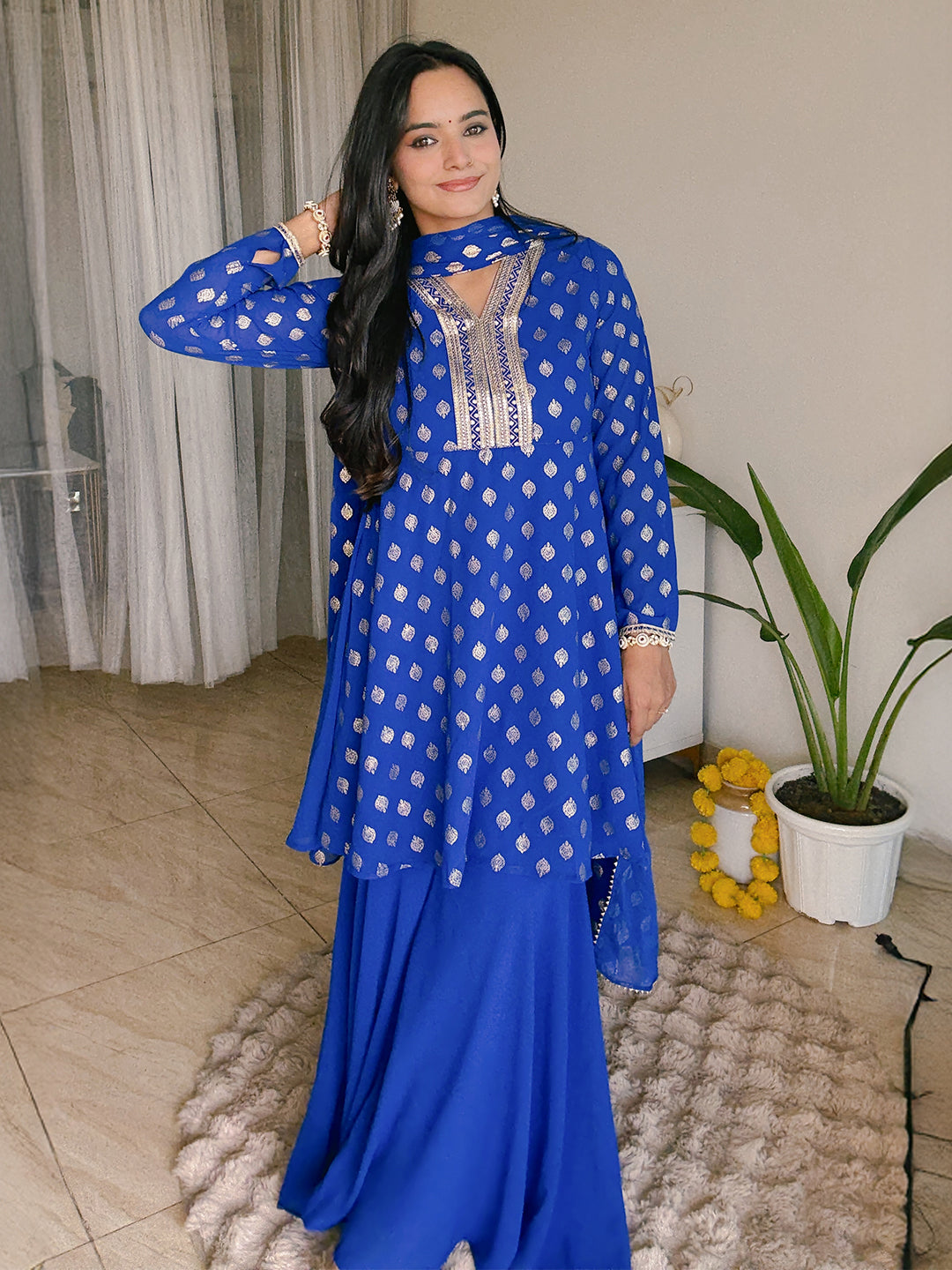 Women's Royal Blue Georgette Embellished Gold Printed A-line Kurta With Sharara & Dupatta Set