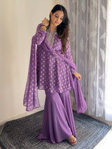 Women's Purple Georgette Embellished Gold Printed A-line Kurta With Sharara & Dupatta Set