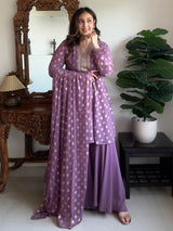 Women's Purple Georgette Embellished Gold Printed A-line Kurta With Sharara & Dupatta Set