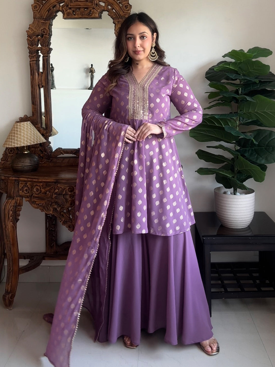 Women's Purple Georgette Embellished Gold Printed A-line Kurta With Sharara & Dupatta Set