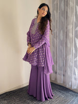 Women's Purple Georgette Embellished Gold Printed A-line Kurta With Sharara & Dupatta Set
