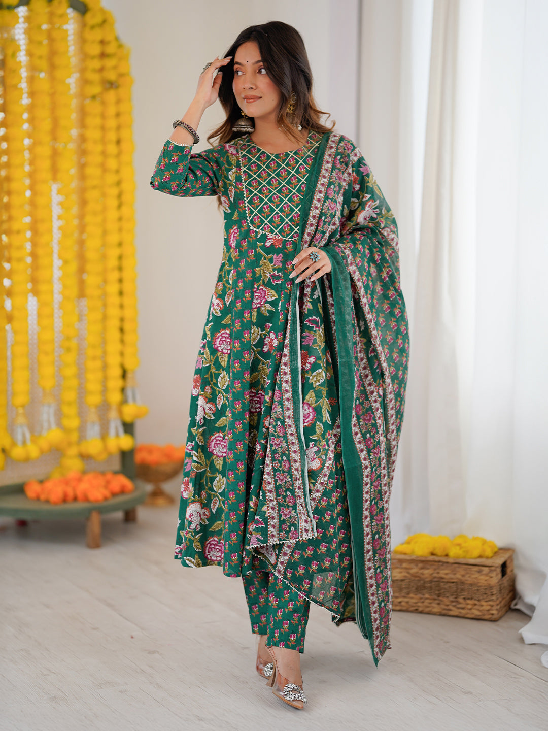 Women's Green Pure Cotton Floral Printed Yoke Design Anarkali Kurta Set