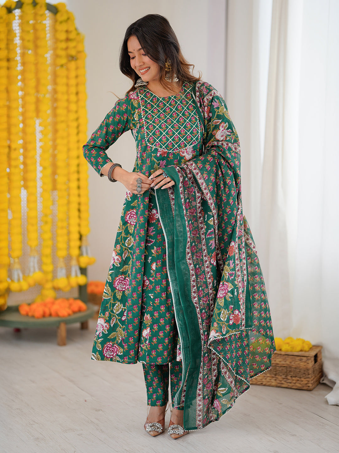 Women's Green Pure Cotton Floral Printed Yoke Design Anarkali Kurta Set