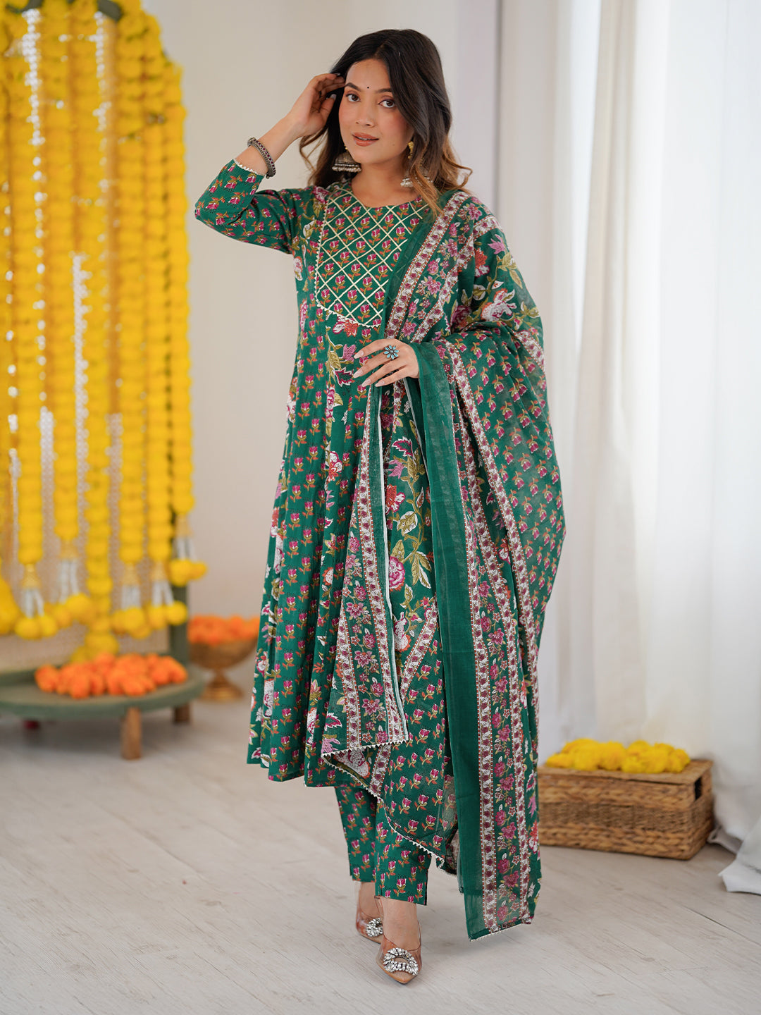 Women's Green Pure Cotton Floral Printed Yoke Design Anarkali Kurta Set