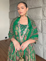 Women's Dark Green Pure Cotton Floral Printed Yoke Embroidered A-line Kurta Set