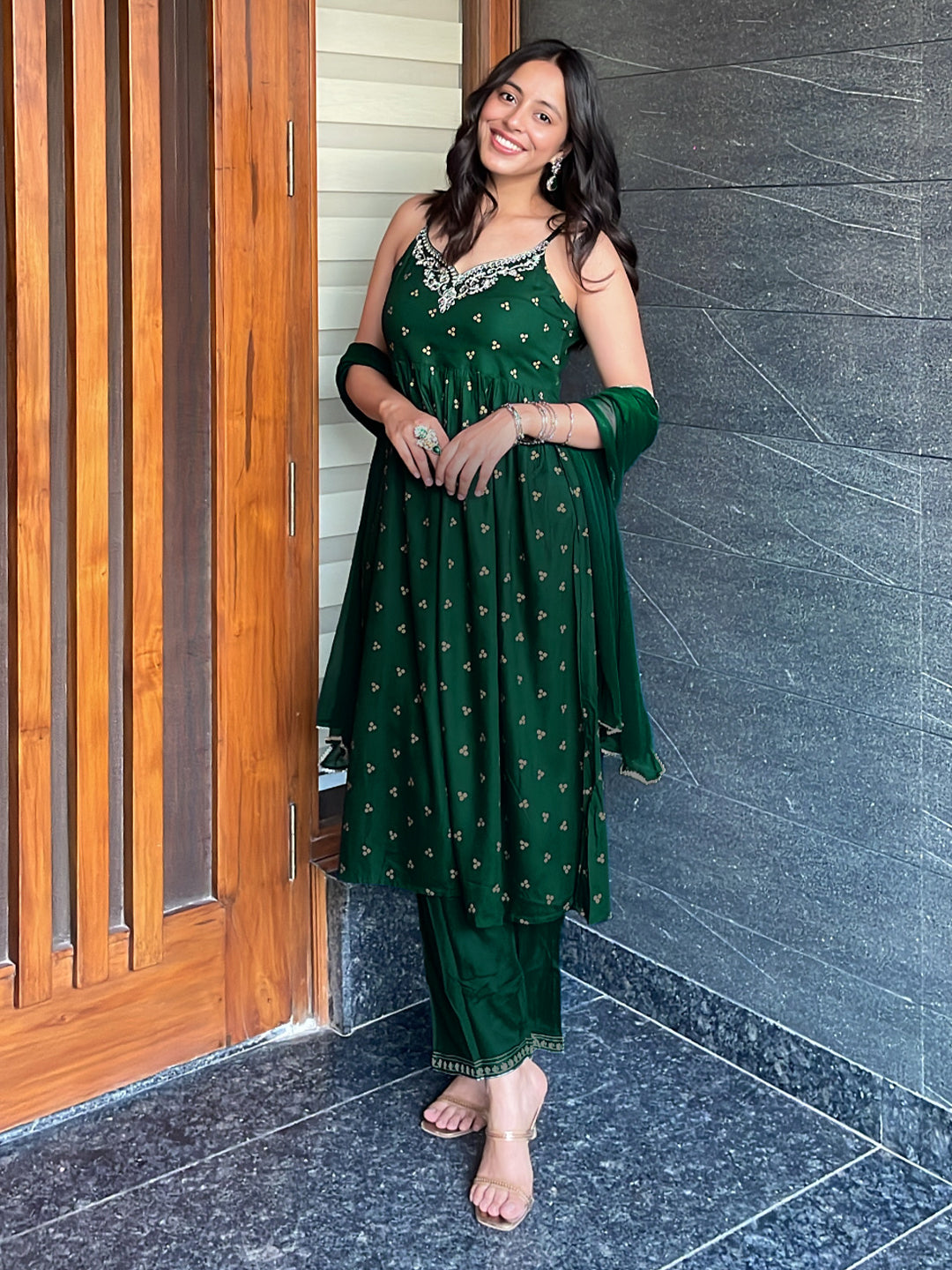 Women's Dark Green Rayon Yoke Embroidered Gold Printed A-line Kurta Set