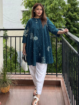 Teal Blue Pure Cotton Floral Printed Flared Tunic