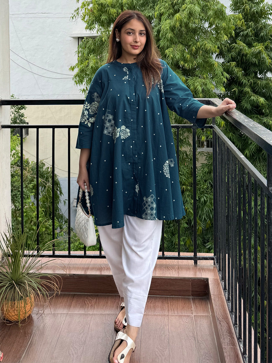 Teal Blue Pure Cotton Floral Printed Flared Tunic