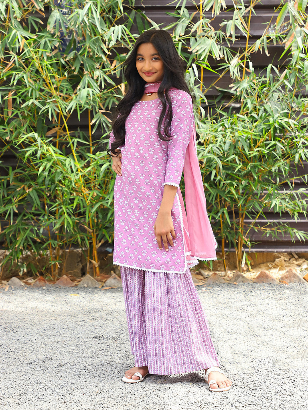 Pink Printed Cotton Kurta and Sharara with dupatta - Elganza
