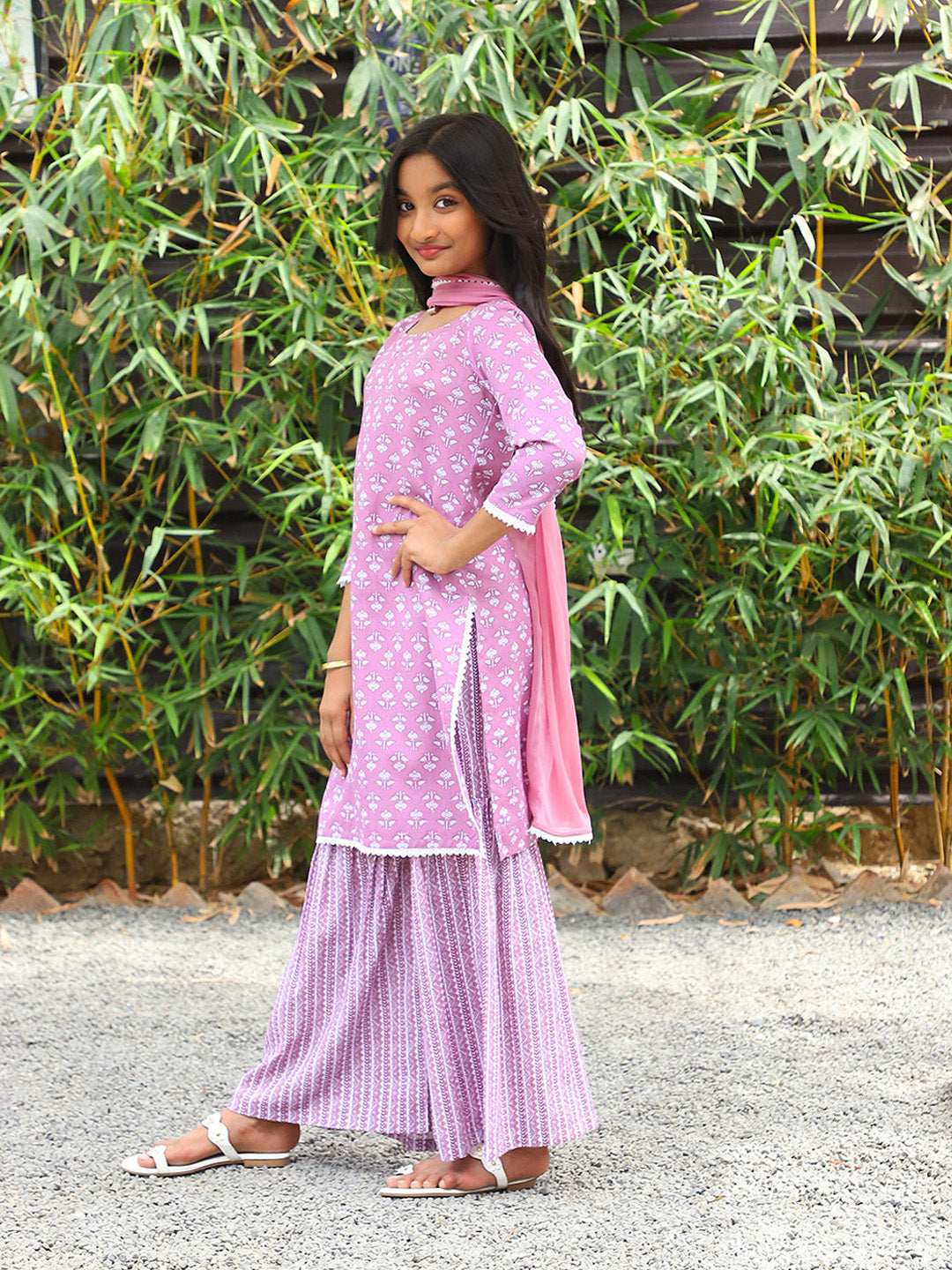 Pink Printed Cotton Kurta and Sharara with dupatta - Elganza