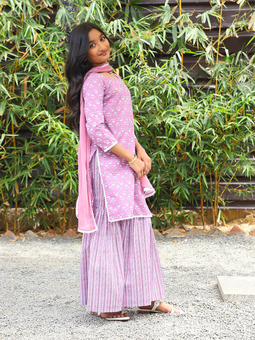 Pink Printed Cotton Kurta and Sharara with dupatta - Elganza