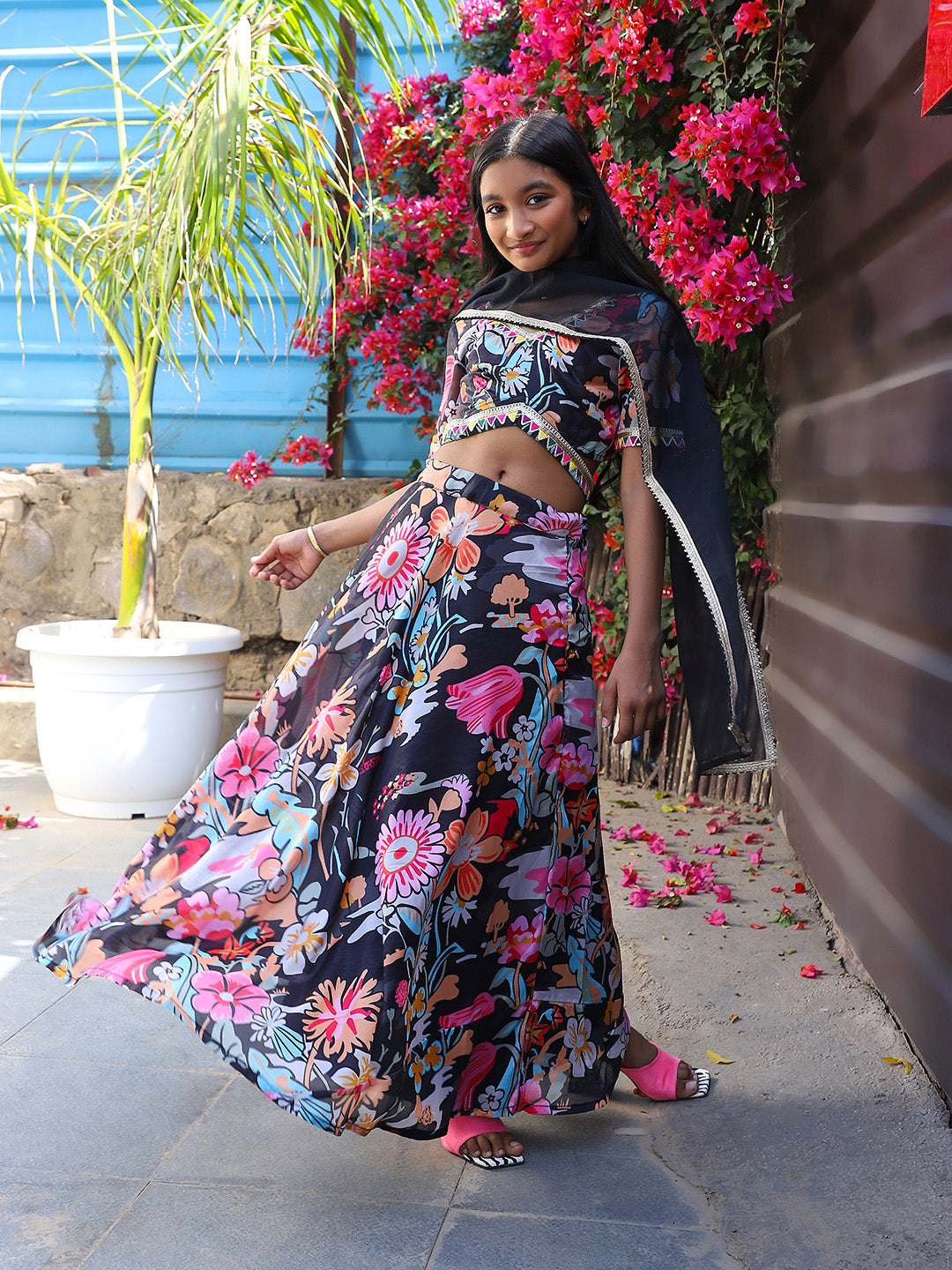 Black Multi Color Digital print Lehenga Choli - Elganza