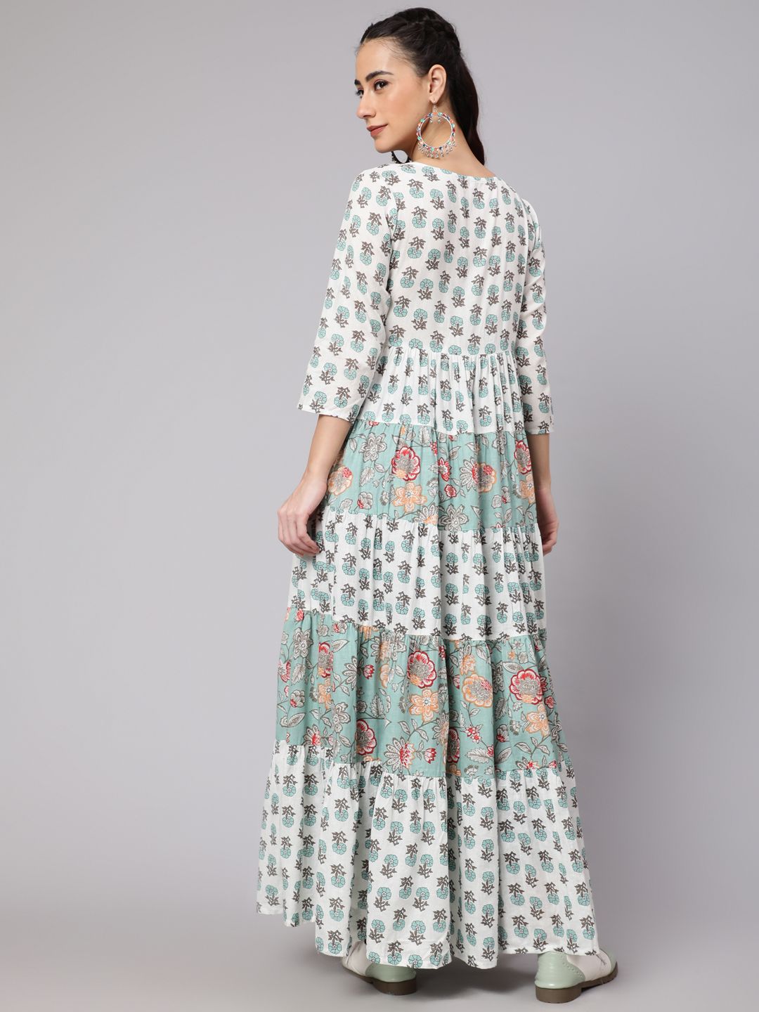 White & Green Floral Print Tiered Maxi Dress - Elganza