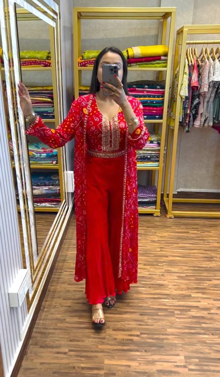 Person wearing a red outfit with patterns in a store setting