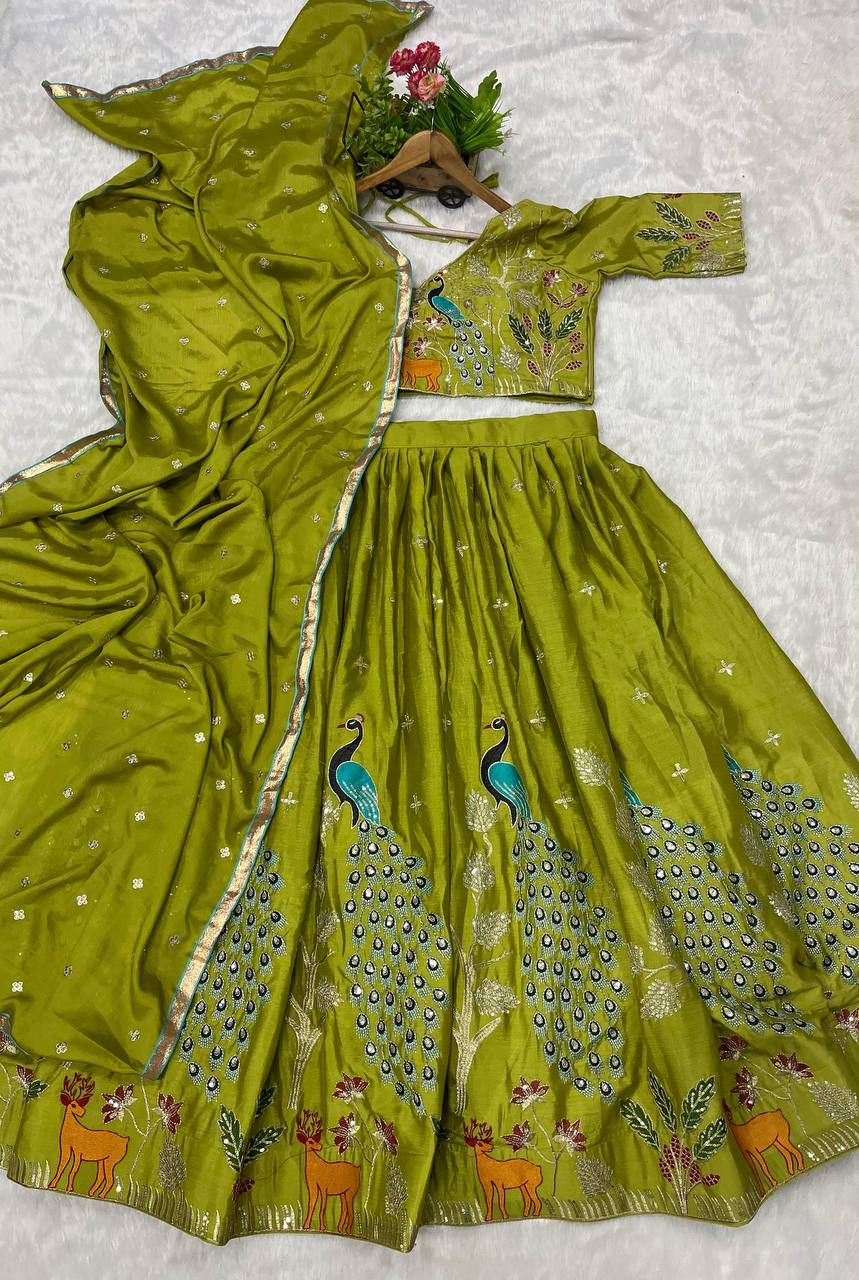 Designer Embroidered Heavy Tissue Silk Lehenga Choli with Peacock Motif