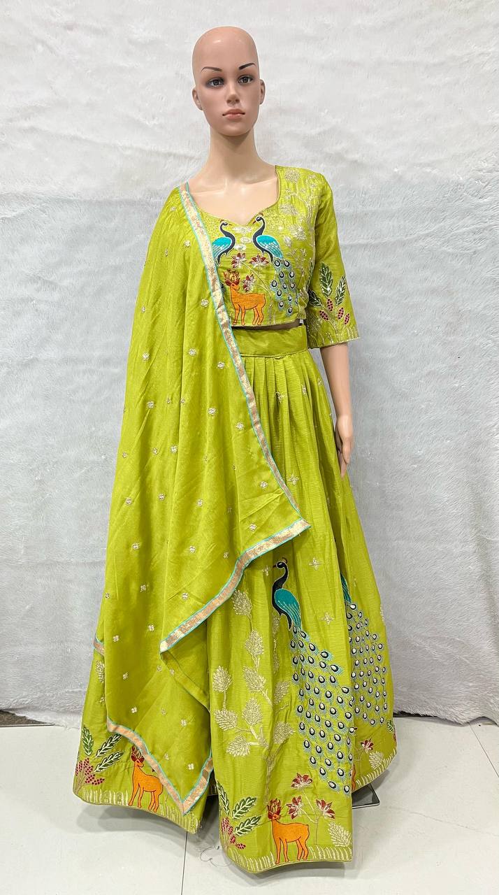 Designer Embroidered Heavy Tissue Silk Lehenga Choli with Peacock Motif