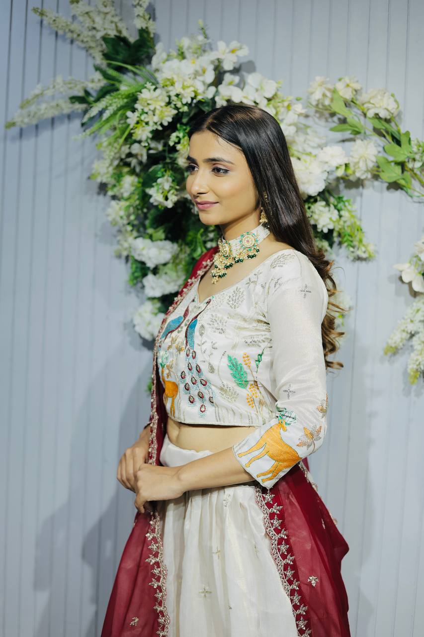 Designer Embroidered Heavy Tissue Silk Lehenga Choli with Peacock Motif