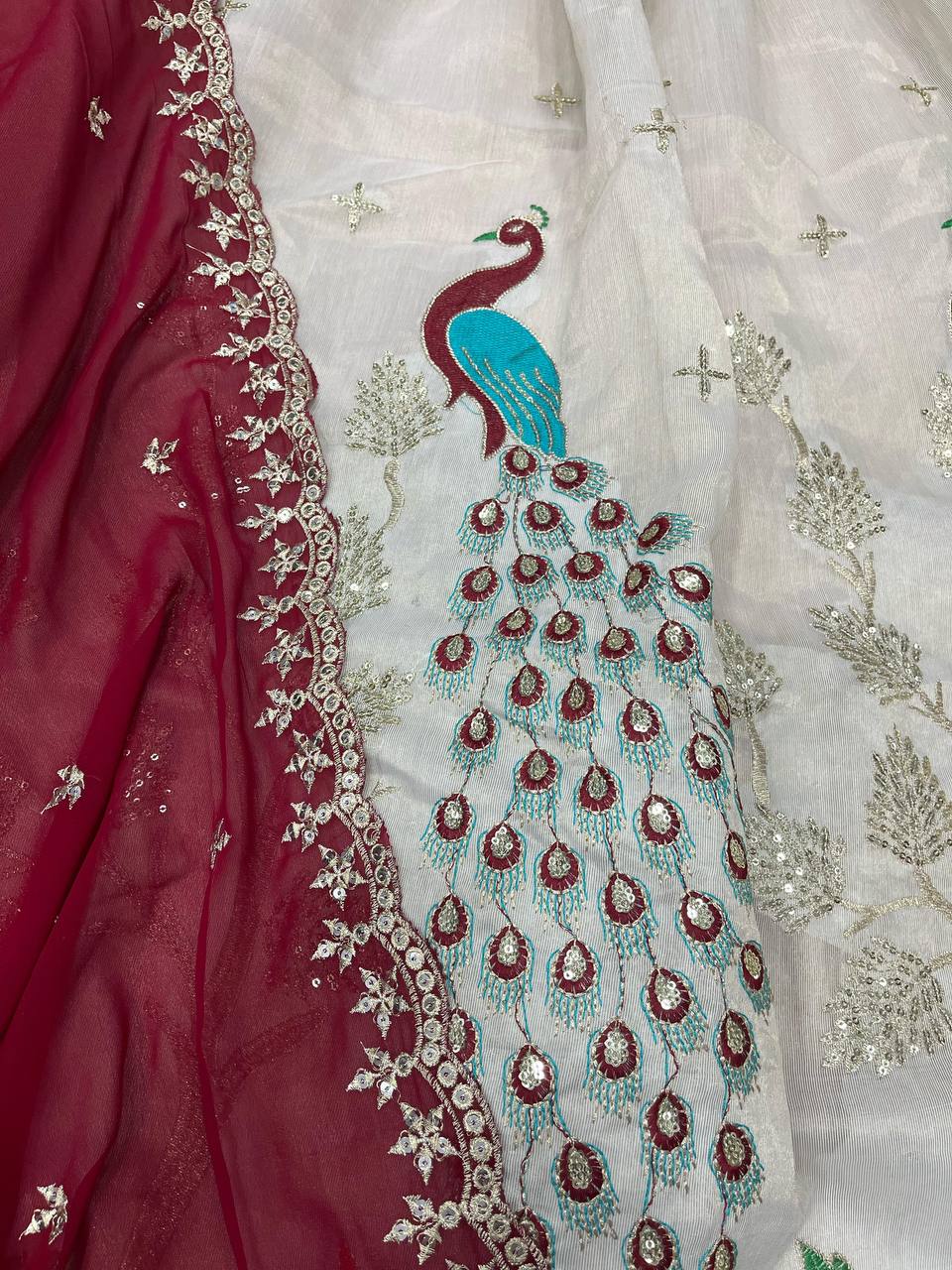 Designer Embroidered Heavy Tissue Silk Lehenga Choli with Peacock Motif