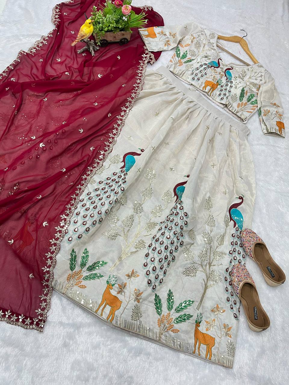 Designer Embroidered Heavy Tissue Silk Lehenga Choli with Peacock Motif