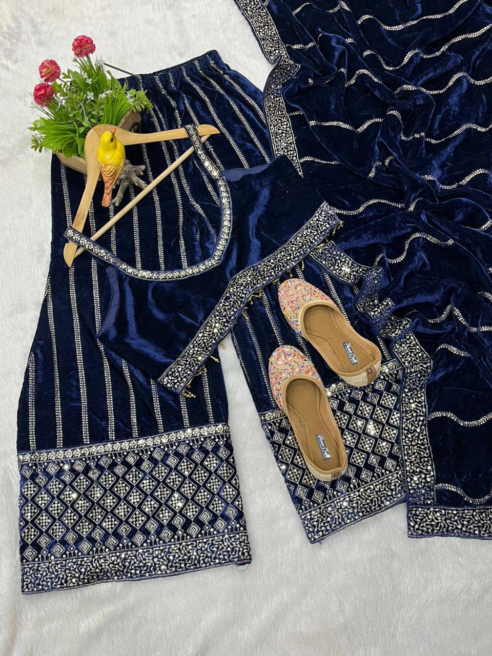 Velvet Plazzo Set with Designer Blouse & Dupatta