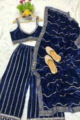 Velvet Plazzo Set with Designer Blouse & Dupatta