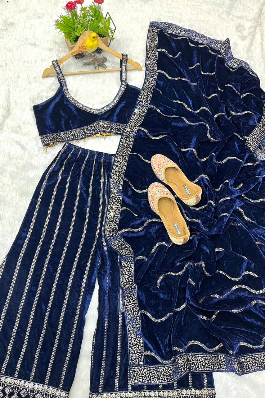 Velvet Plazzo Set with Designer Blouse & Dupatta