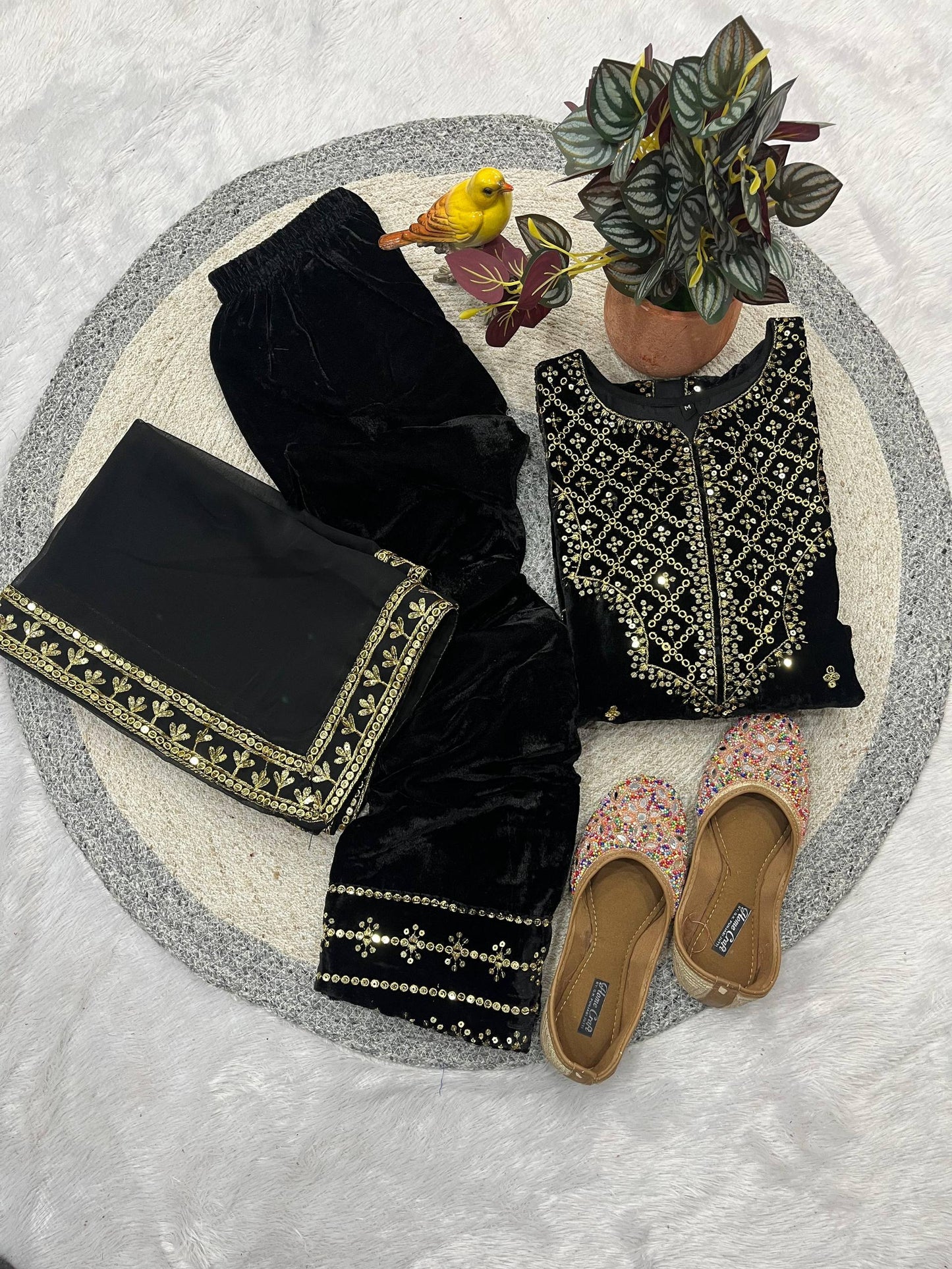 Women Velvet Embroidered Top, Bottom & Dupatta Set