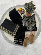 Women Velvet Embroidered Top, Bottom & Dupatta Set