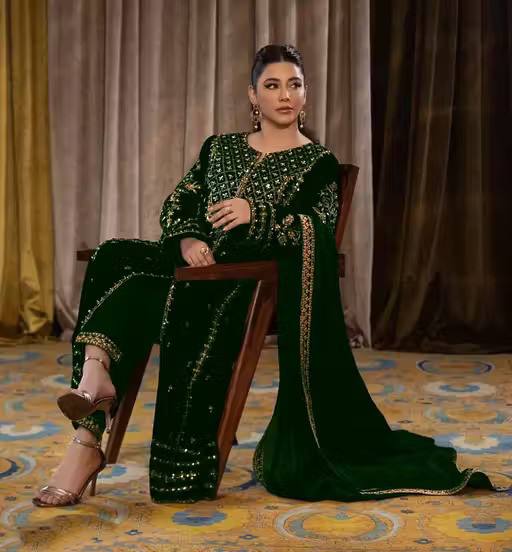 Women Velvet Embroidered Top, Bottom & Dupatta Set