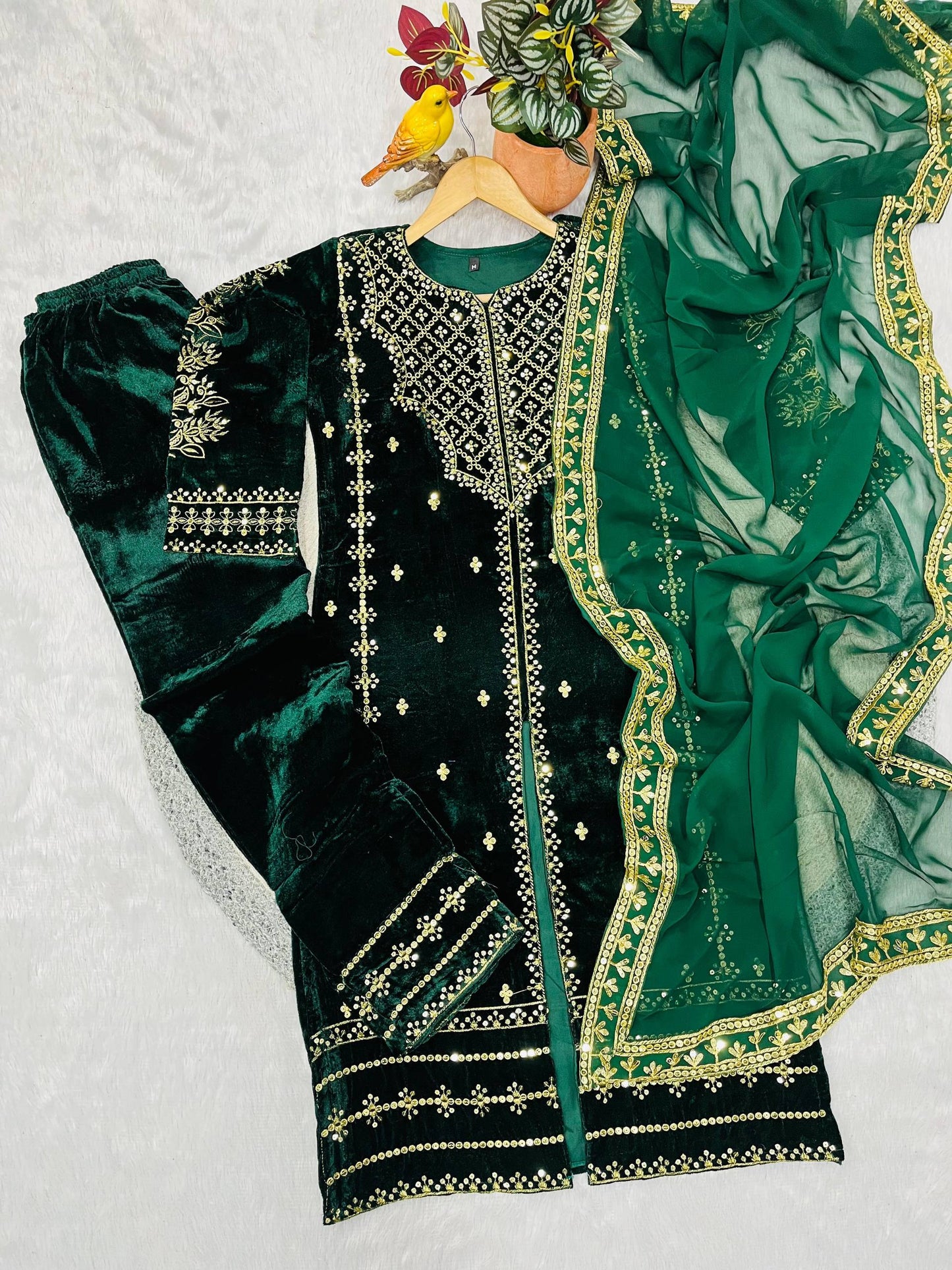 Women Velvet Embroidered Top, Bottom & Dupatta Set