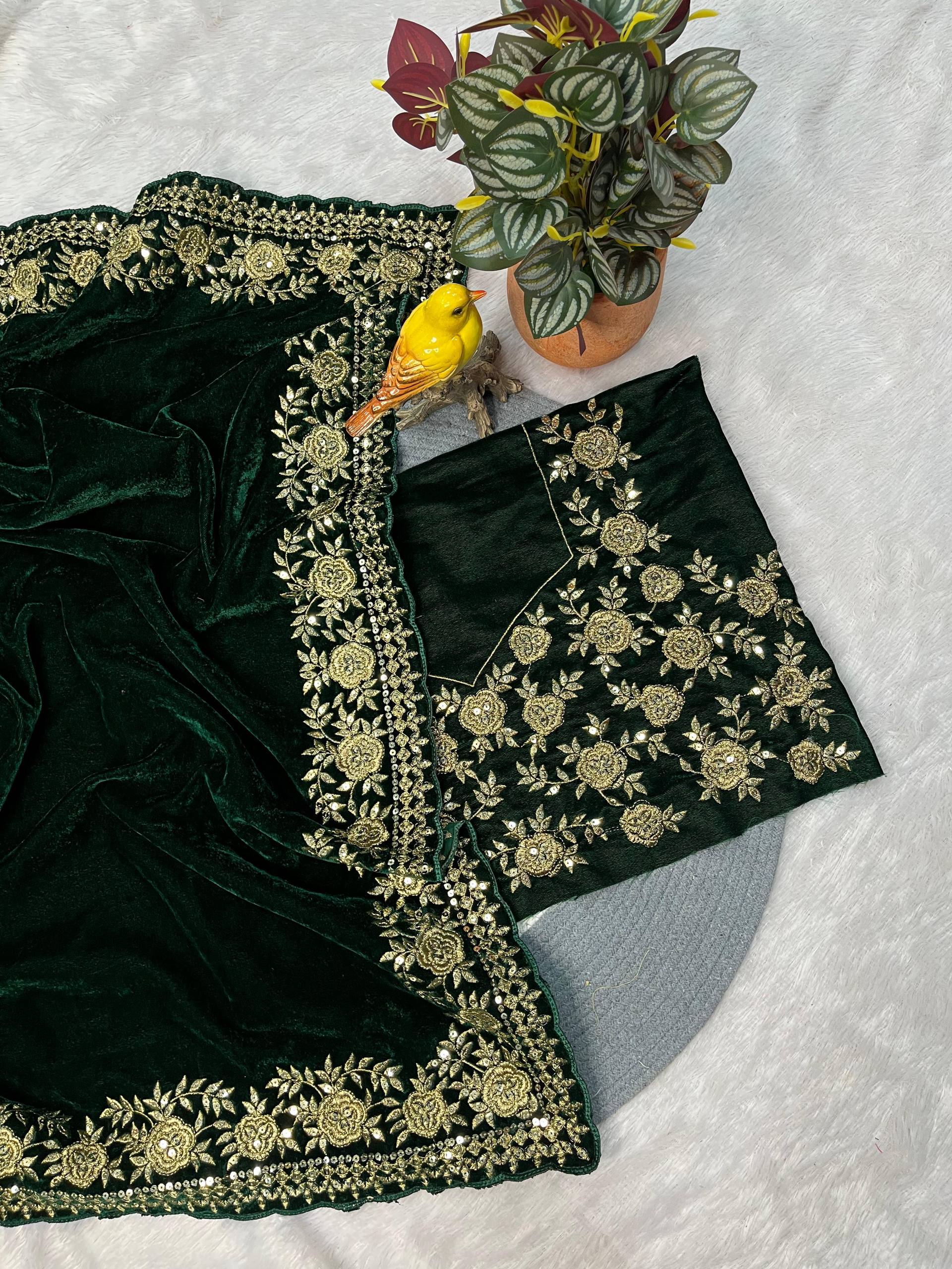 Embroidered Velvet Saree for Winter Festive & Wedding Wear